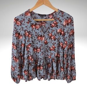 AMERICAN EAGLE Blue Floral Print Long Sleeve Boho Ruffle Blouse Size XS